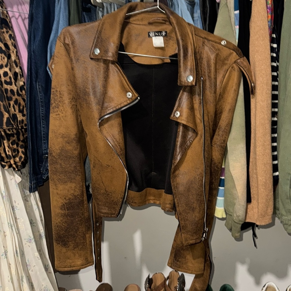 Cropped Moto jacket with belt